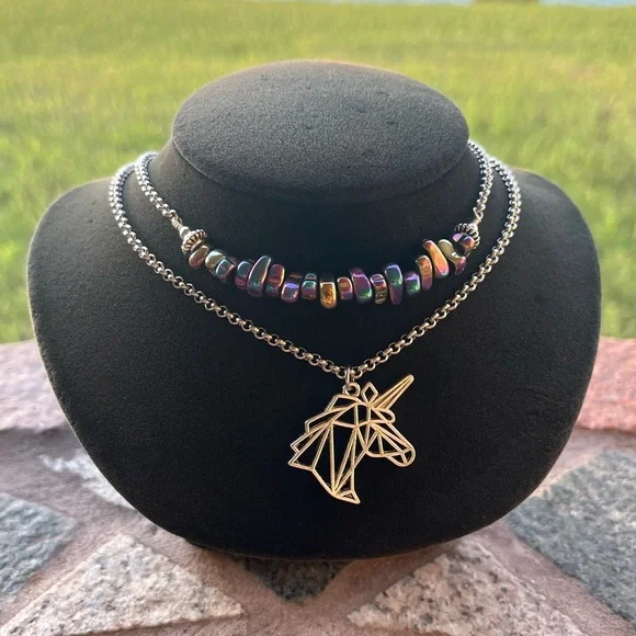 Double layer unicorn rainbow stones stainless steel adjustable choker necklace - Picture 10 of 12